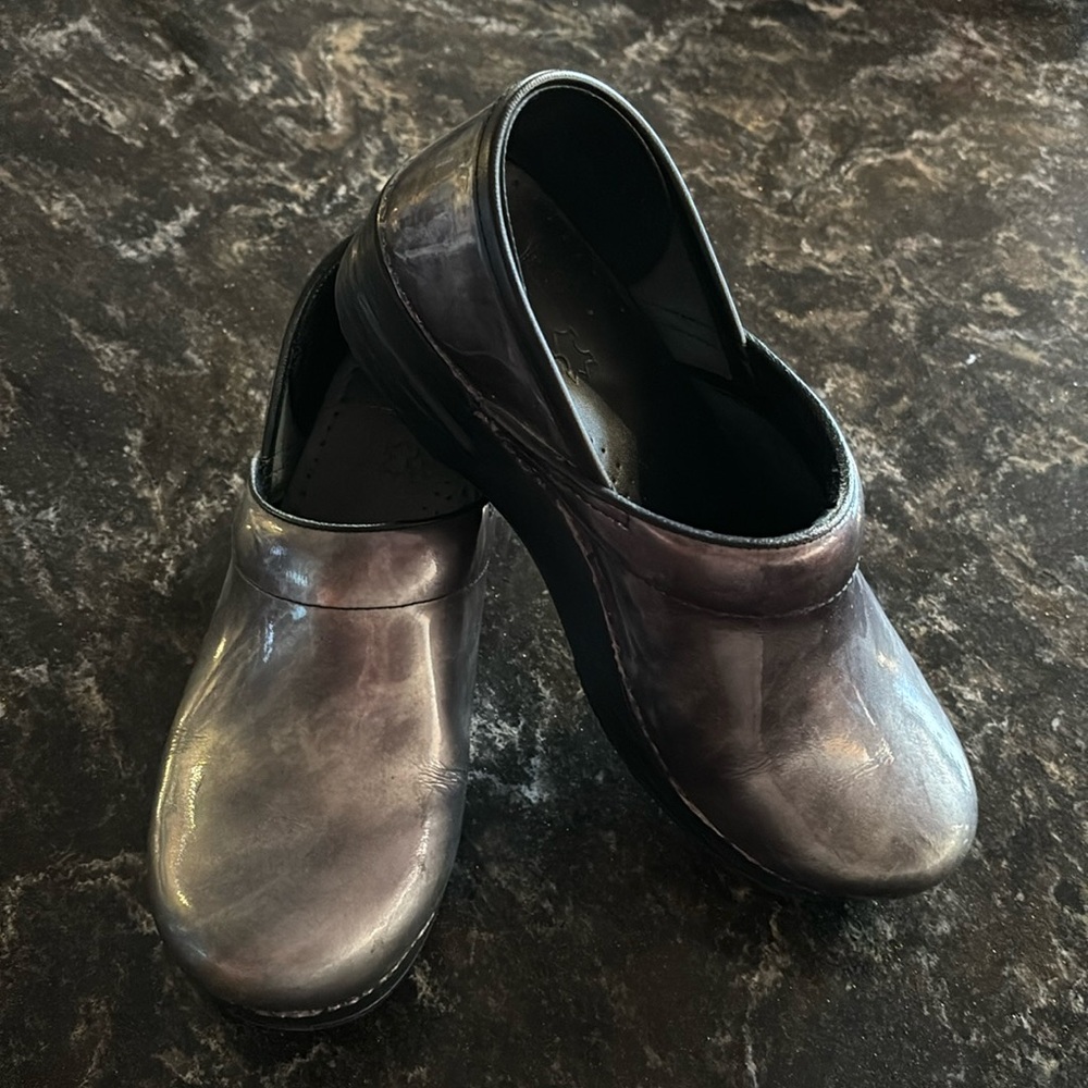 Brushed silver, shiny Dansko shoes